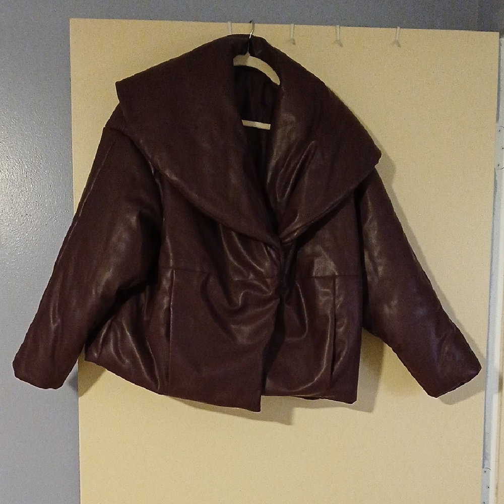 Women's Oversized Puffer Coat in Deep Burgundy - Faux Leather